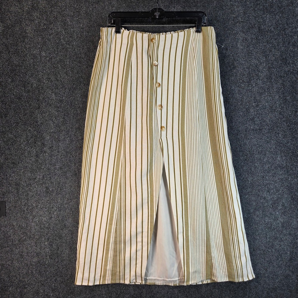 Coastal Linen Midi Skirt Striped Button Front Slit Summer Beachy Lightweight Lg - Picture 8 of 16